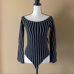 Express Striped Off the Shoulder Thong Bodysuit